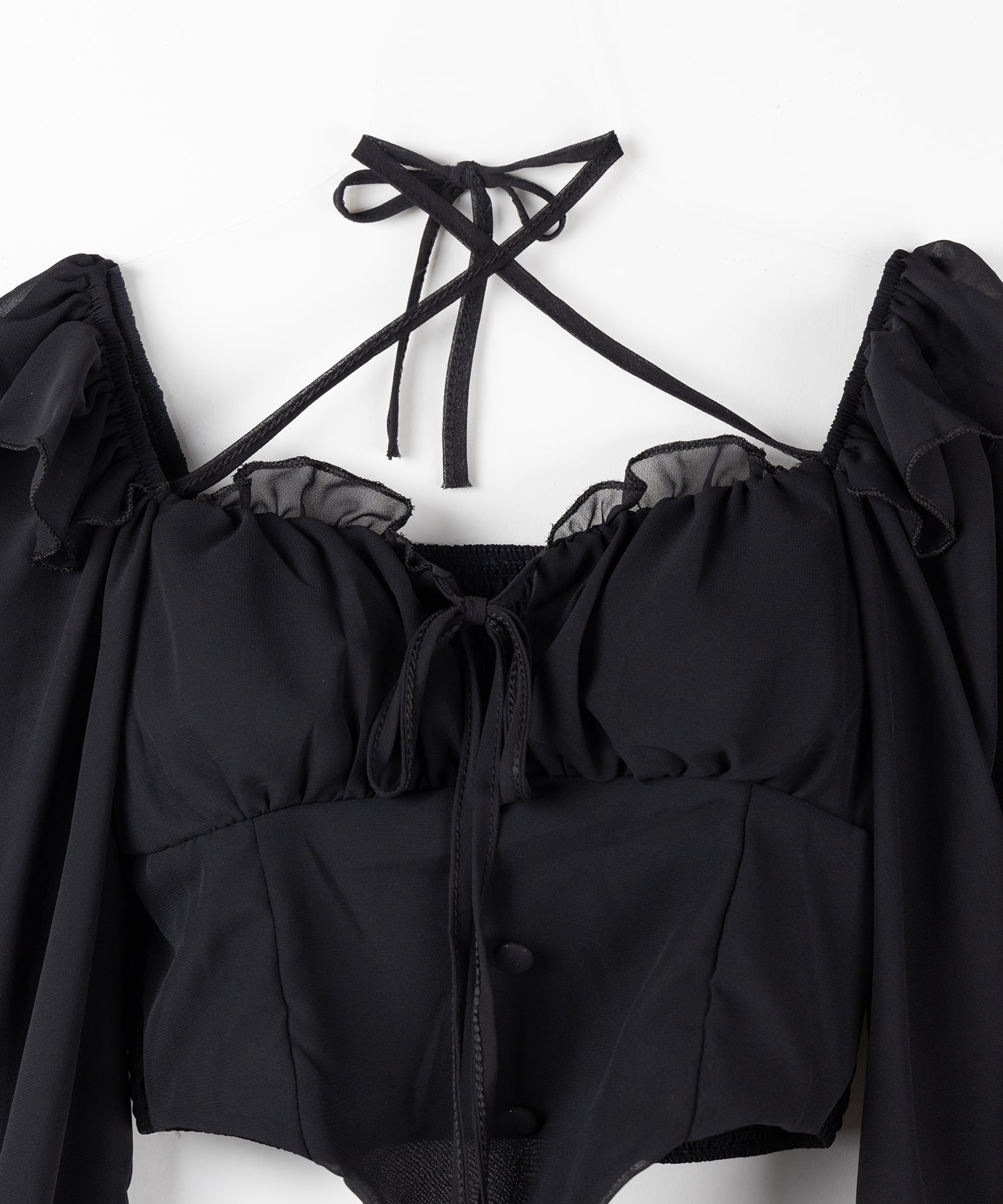 【 ２color ／ ２WAY 】フロントリボンクロスネックオフショルシフォンブラウス ／ front ribbon cross neck off-shoulder chiffon blouse