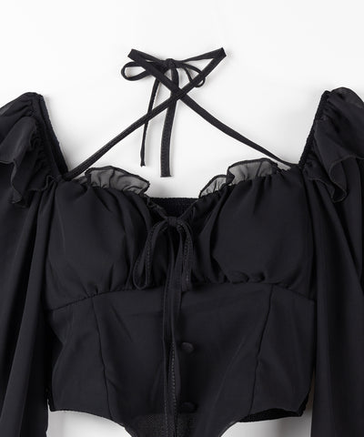 【 ２color ／ ２WAY 】フロントリボンクロスネックオフショルシフォンブラウス ／ front ribbon cross neck off-shoulder chiffon blouse