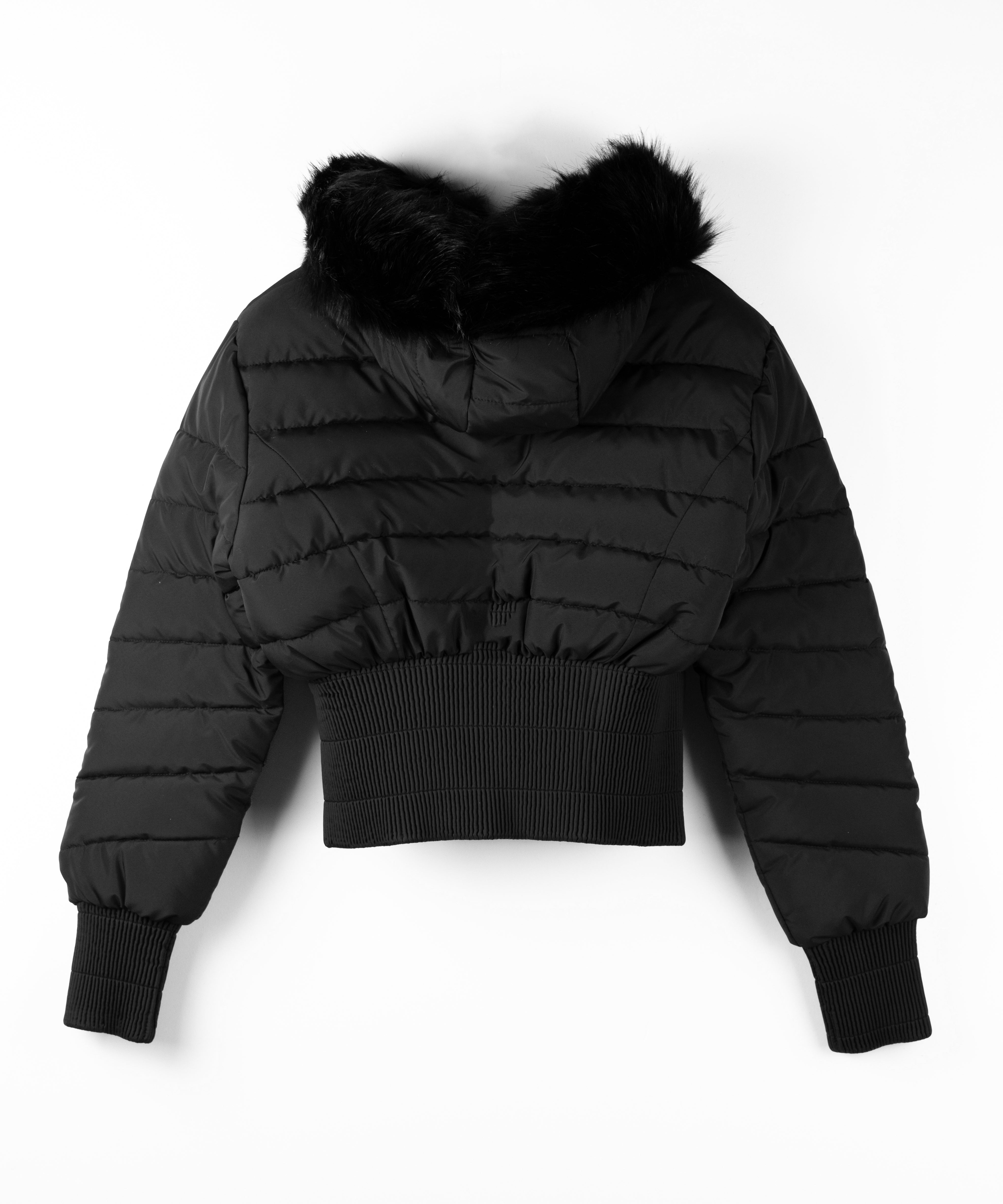 ウエストマークファーフードレディフェイクダウンジャケット ／ waist mark fur hooded lady fake down jacket