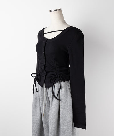 【 ２color ／ 裏起毛 】ナナメストラップダブルシャーリングリボントップス ／ naname strap double shirring ribbon tops