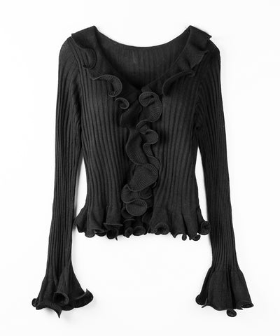 シアーフリル長袖リブニットカーディガン ／ sheer frill long-sleeve ribbed knit cardigan