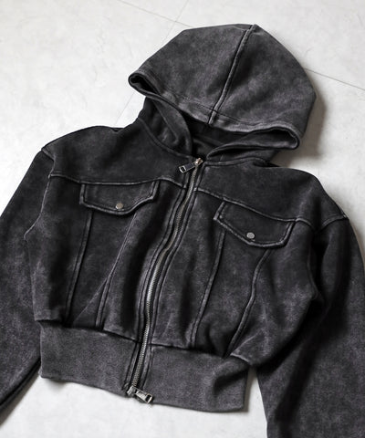 ピグメントダブルジップショートパーカー ／ pigment double zip short hoodie