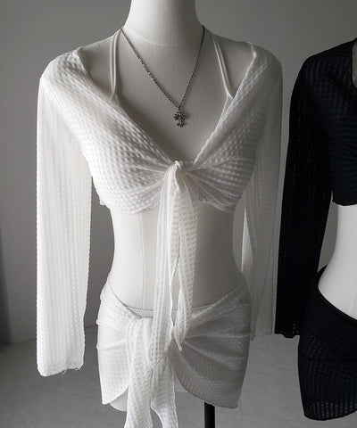 【 レディース水着／４点セット 】アシンメトリーラップレイヤードパレオハイウエストビキニ ／ ( 4piece set ) asymmetrical wrap layered pareo high waist bikini