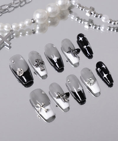 モノトーンクロスキラキラフレンチネイルチップ ／ monotone cross kirakira french nail tips