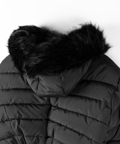 ウエストマークファーフードレディフェイクダウンジャケット ／ waist mark fur hooded lady fake down jacket