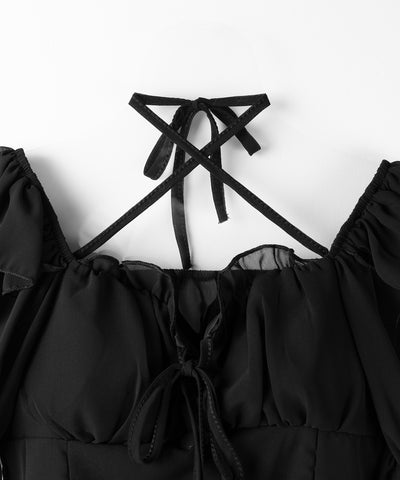 【 ２color ／ ２WAY 】フロントリボンクロスネック半袖シフォンブラウス ／ front ribbon cross neck short sleeve chiffon blouse