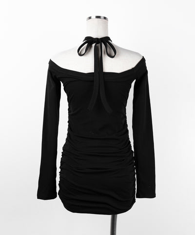 【 クロスネックにもできる３WAY 】フロントリボンオフショルワンホンタイトミニワンピース ／ front ribbon off shoulder wanghong mini onpiece