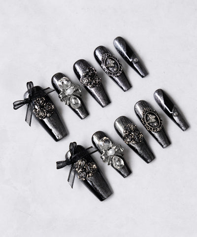 カメオリボンメタリックブラックロングネイルチップ ／ cameo ribbon metallic black long nail tips