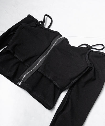 【 ３color ／ カップ付 】フロントジップクロスストラップオフショルトップス ／ front zip cross straps off-shoulder tops