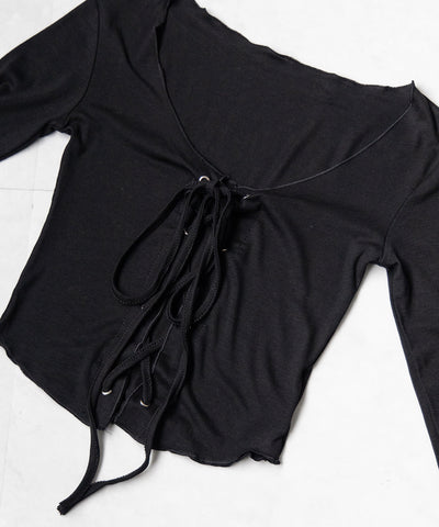 【 ３color 】レースアップフロントリボンショートスリムトップス ／ lace up front ribbon short slim tops