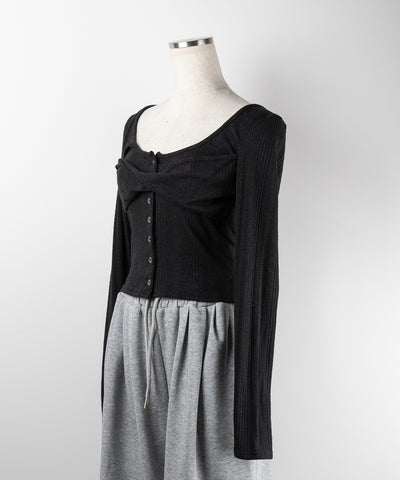【 ３color 】フロントボタンオープンネックリブカットソートップス ／ front button open neck ribbed cutsew tops