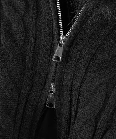 ファーフーディダブルジップショートニットパーカー ／ Fur hooded double zip short knit hoodie