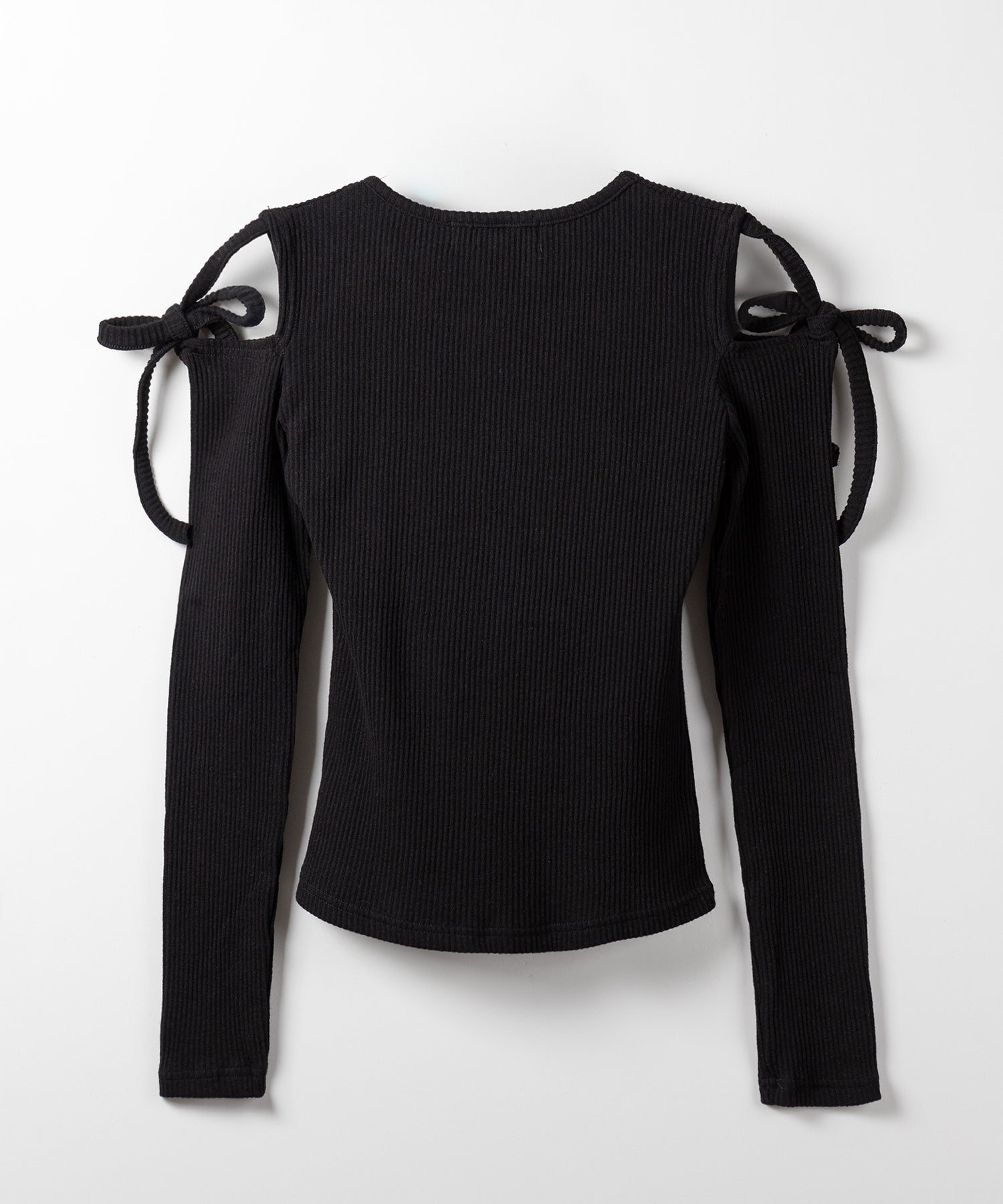 【 ３color 】カットアウトショルダーリボンリブトップス ／ Cut-out shoulder ribbon rib tops