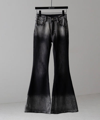 【４size 】ブリーチグラデーションストレッチブラックフレアデニム ／ bleach gradation stretch black flare denim
