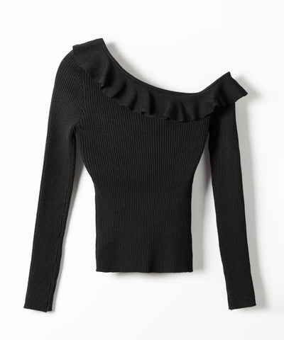 ワンショルフリルタイトリブニットトップス ／ one-shoulder frill tight rib knit tops