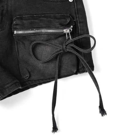リボンストリングカーゴポケットデニムショートパンツ／ribbon string cargo pocket denim short pants