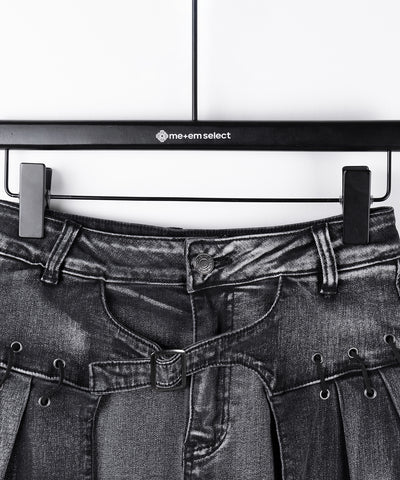 【 インパン裏地付 】ベルテッドマイクロプリーツデニムミニスカパン ／ belted micro pleats denim skirt pants