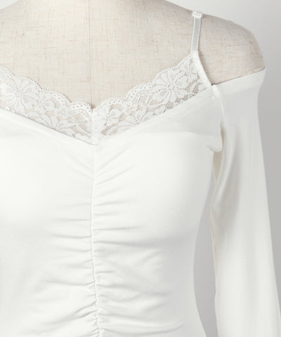 レースオフショルダーシャーリングタイトミニワンピース ／ Lace off-shoulder shirring tight mini onepiece