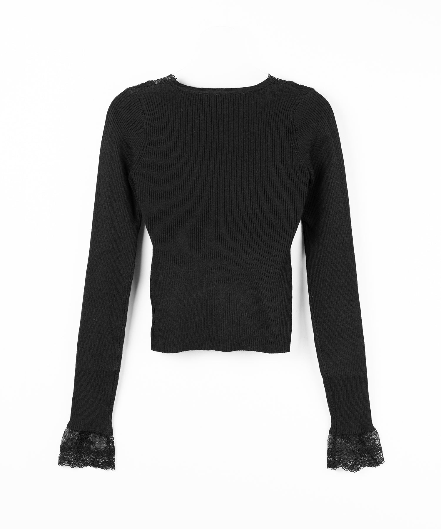 フロントリボンレース切替リブニットトップス ／ front ribbon lace switching ribbed knit tops