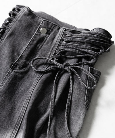 サイドレースアップリボン美脚ストレッチフレアデニム ／ side laceup ribbon slim leg stretch flare denim