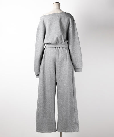 【 セットアップ 】ワンショルダーショートスウェットトップス ＋ タックワイドパンツ SET ／ off shoulder short sweat tops & tack wide pants SET