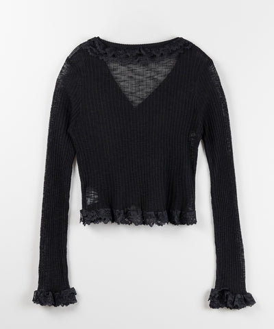レースフリルシアーニットカーディガン ／ lace frill sheer knit cardigan