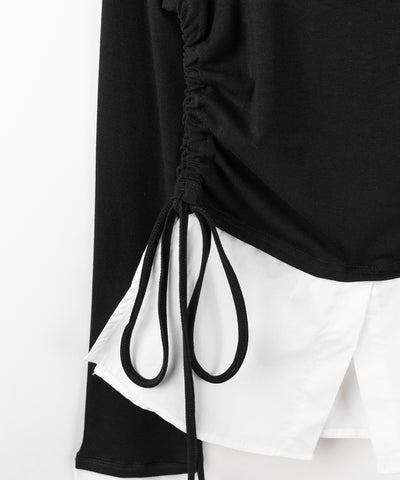 【 ２color ／ ２WAY 】シャツドッキングサイドリボンワンショルトップス ／shirt docking side ribbon oneshoulder tops