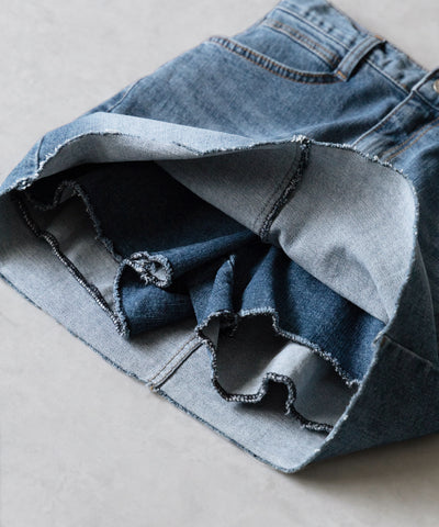 【 ３size 】ウォッシュデニムストレッチダメージミニスカパン ／ wash denim stretch damaged mini skirt