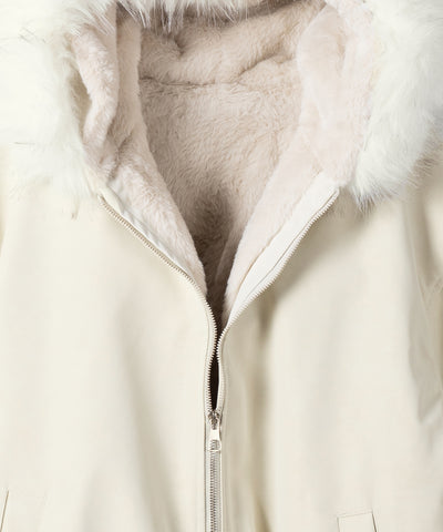 ファーフードヴィンテージフェイクレザーオーバーブルゾン ／ fur hooded vintage fake leather over blouson