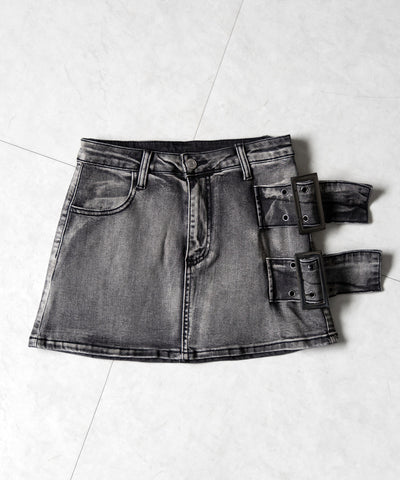 【 インパン裏地付 】ダブルハトメベルトヴィンテージデニムミニスカート ／ Double eyelet belt vintage denim mini skirt