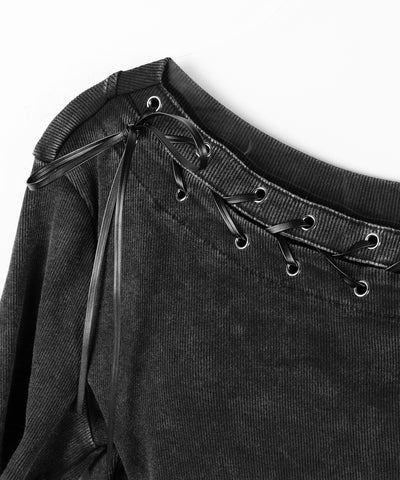 ヴィンテージカットアウトレースアップ半袖ワンショルリブトップス ／ vintage cutout laceup short sleeve one shoulder lib tops
