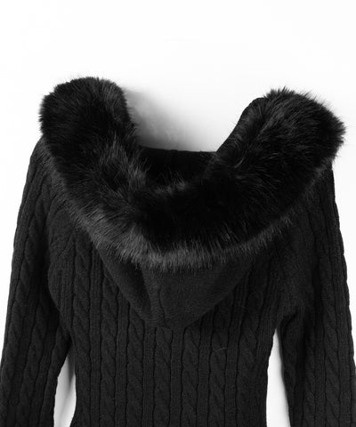 ファーフーディレースアップレディニットミニワンピース ／ fur hoodie lace up lady knit mini onepiece