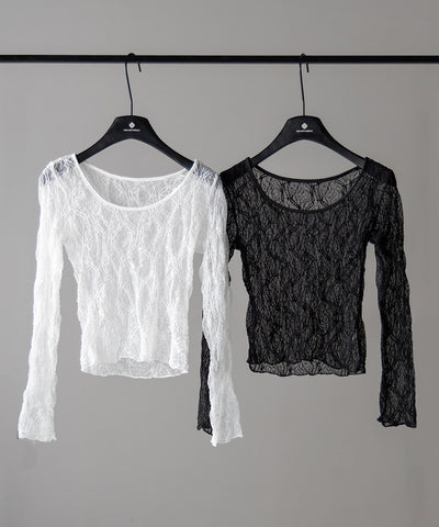 【 ２color ／２WAY 】ワンショルルーズシアーレーストップス ／ one shoulder loose sheer lace tops