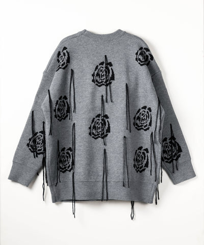 バラジャガードフリンジビッグシルエットニット ／ rose jacquard fringe big silhouette knit