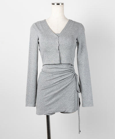 【 ３点セット 】シャーリングミニワンピ ＋ カーディガン ＋ ショートパンツ SETUP