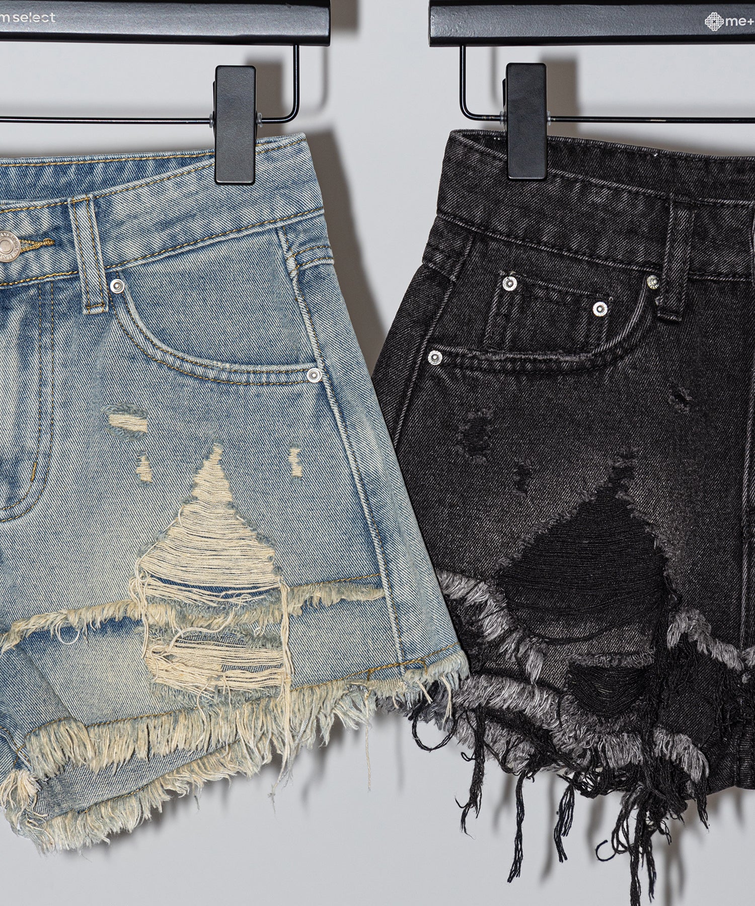 クラッシュダメージダブルフリンジデニムショートパンツ／crash damage double fringe denim short pants