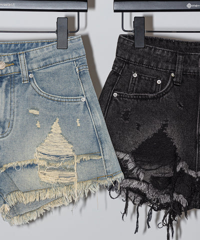 クラッシュダメージダブルフリンジデニムショートパンツ／crash damage double fringe denim short pants