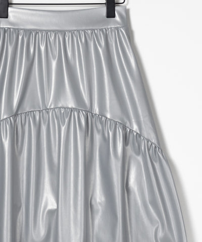 【 ２color 】メタリックフェイクレザーギャザーフレアスカート ／ metallic fake leather gather flare skirt