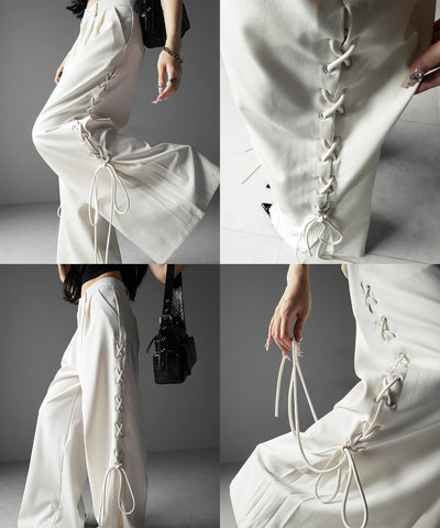 レースアップダブルタックワイドスラックス ／ laceup double tack wide slacks