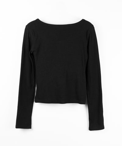 ヘンリーネックロゴプレートレースリブトップス ／　henley neck logo plate lace ribbed tops