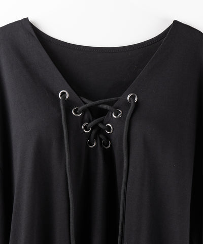 【 ２color 】レースアップルーズシルエット長袖ビッグTシャツ ／ laceup loose silhouette long sleeve big T-shirt