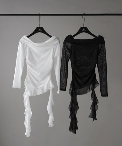 【 ２color 】アシンメトリーフリルオフショルシアートップス ／ asymmetrical frill off-shoulder sheer tops