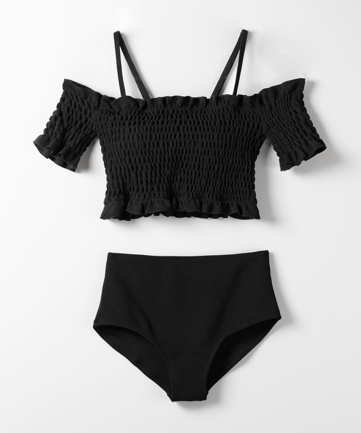 【 レディース水着／２点セット 】オフショルダーシャーリングギャザーハイウエストビキニ ／ off shoulder shirring gather highwaist bikini