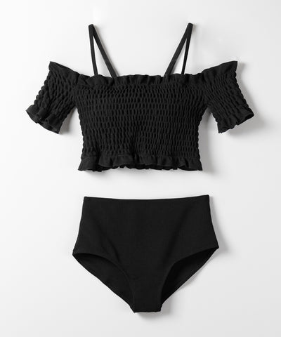 【 レディース水着／２点セット 】オフショルダーシャーリングギャザーハイウエストビキニ ／ off shoulder shirring gather highwaist bikini