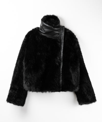【 ２WAY 】ジップアップレザードッキングフェイクファーコート ／ zip up leather docking fake fur coat