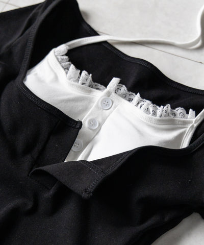 レースレイヤードドッキングスクエアネックＴシャツ ／ Lace layered docking square neck T-shirt