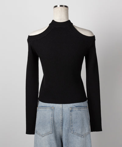 【 ２color 】チョーカーオフショルリブニットトップス ／choker offshoulder lib knit tops