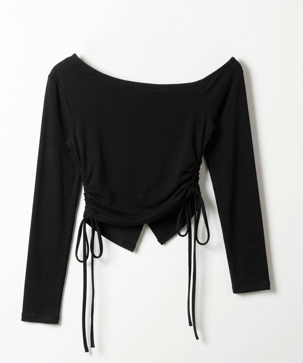 スナップボタンサイドシャーリング長袖ワンショルトップス ／ Snap button side shirring long-sleeved one-shoulder tops