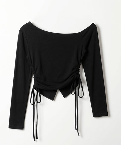 スナップボタンサイドシャーリング長袖ワンショルトップス ／ Snap button side shirring long-sleeved one-shoulder tops