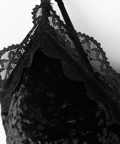 フロントボタンレースベロアショートキャミソール ／ front button lace velor short camisole